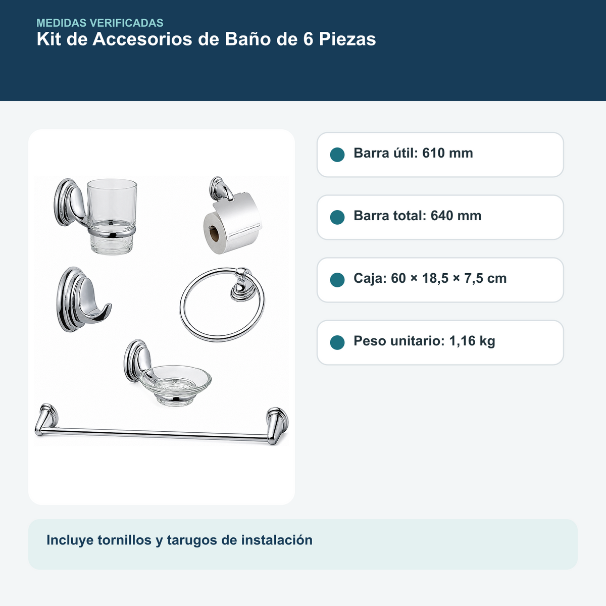 Kit de Accesorios de Baño Colomba Cromado de 6 Piezas