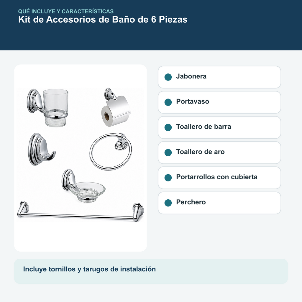 Kit de Accesorios de Baño Colomba Cromado de 6 Piezas