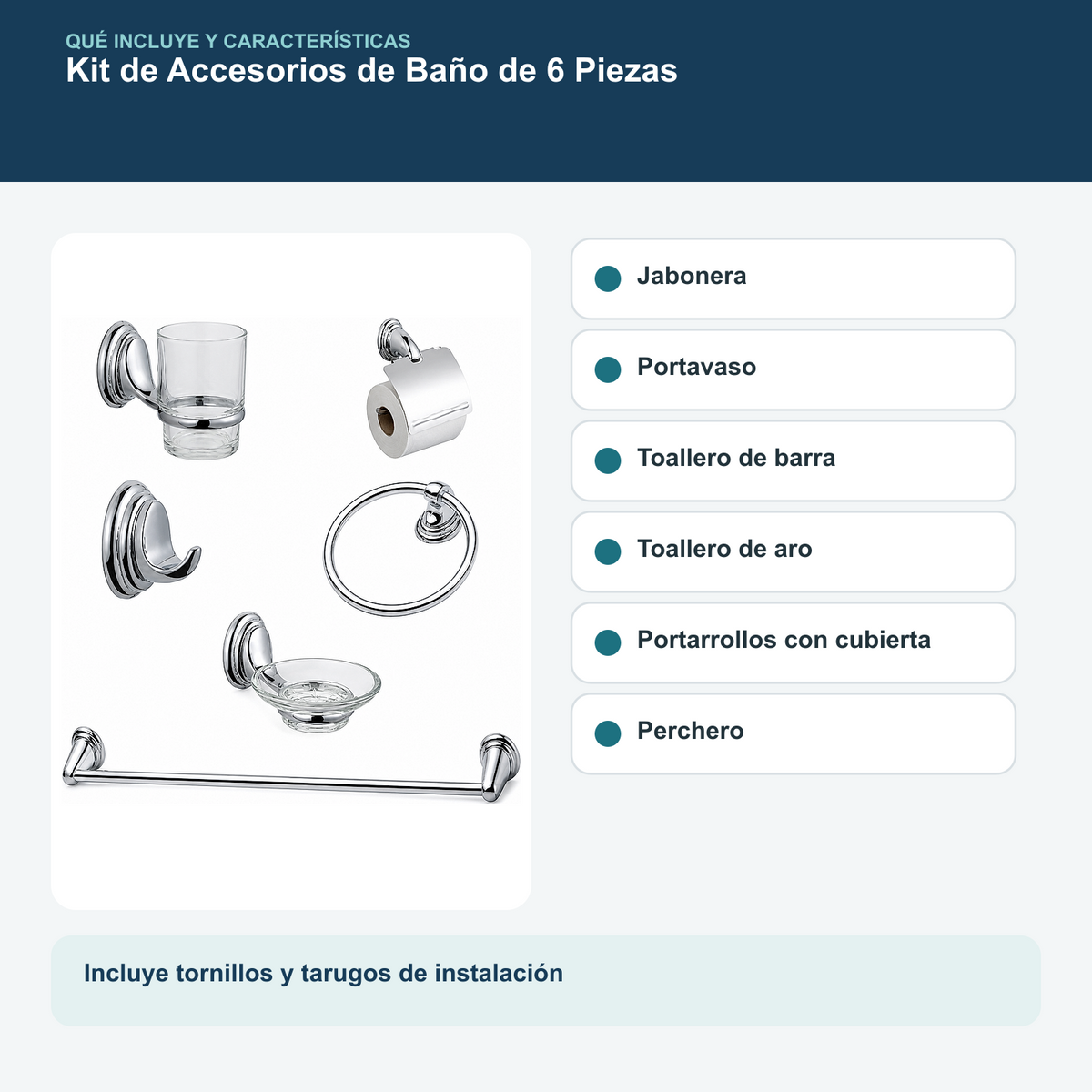 Kit de Accesorios de Baño Colomba Cromado de 6 Piezas