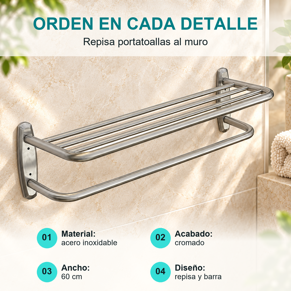 Repisa Portatoallas de Muro 60 cm Cromada - caracteristicas