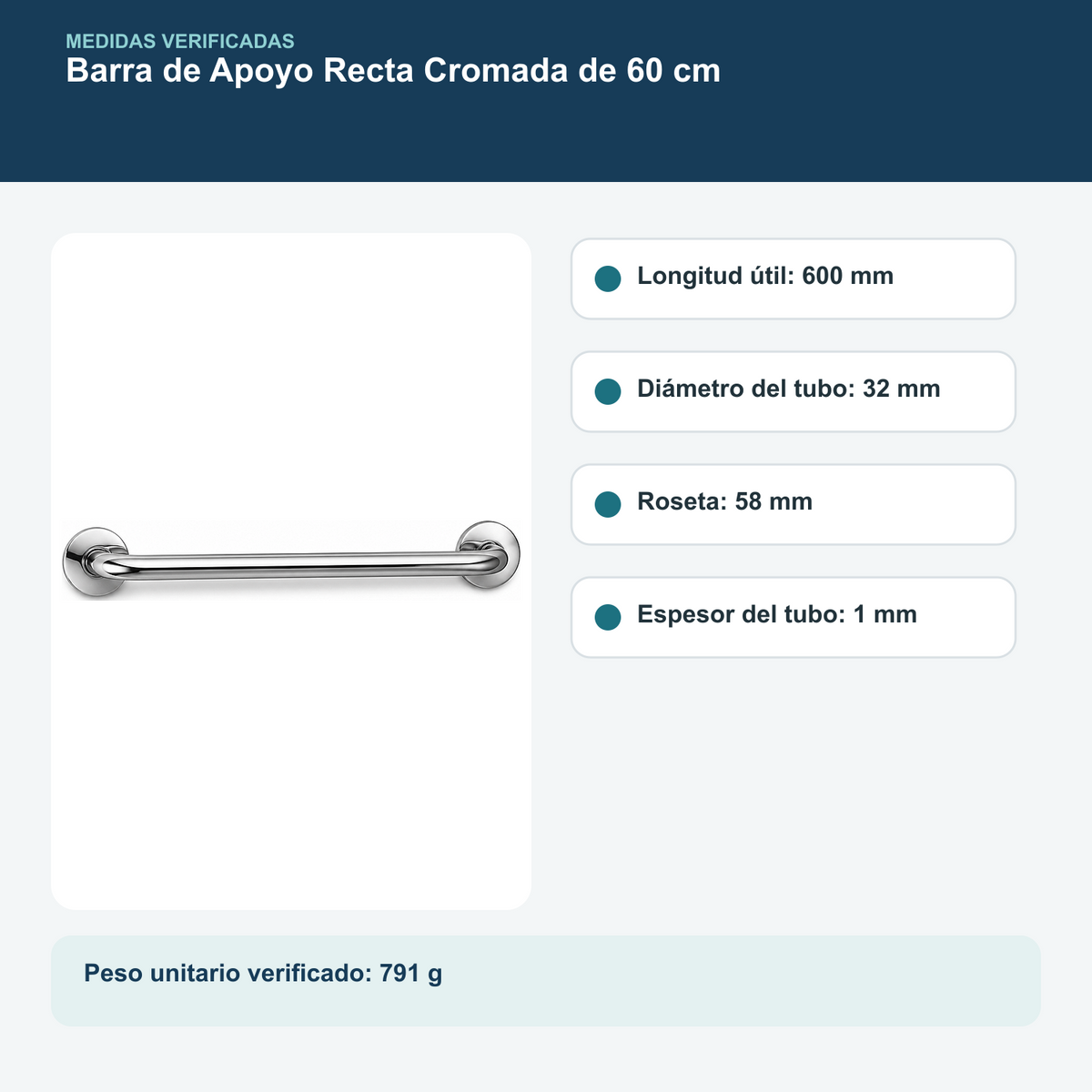 Medidas y datos verificados del barra de seguridad recta cromada de 60 cm
