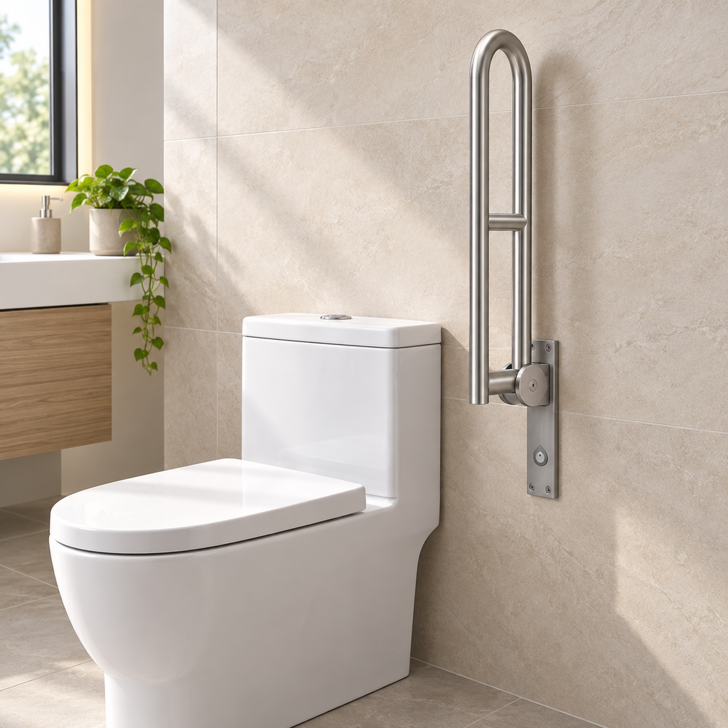 Barra abatible de 70 cm elevada para liberar espacio en el baño
