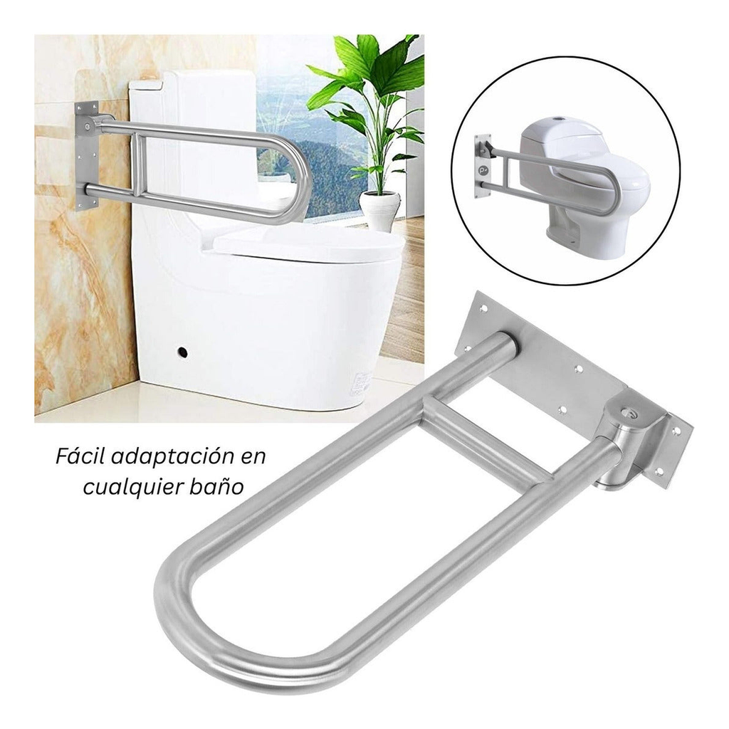 Barra abatible instalada junto a un sanitario y vista de la fijación