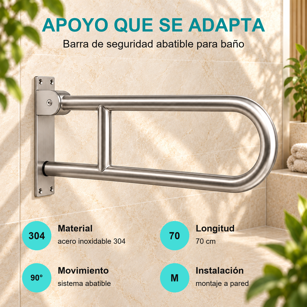 Características de la barra abatible : acero inoxidable 304, longitud de 70 cm, sistema abatible y montaje a pared