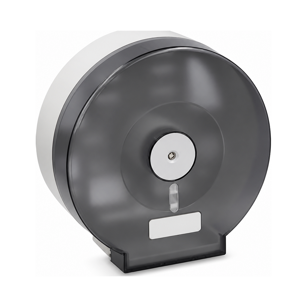 Dispensador Industrial de Papel Higiénico Acrílico con Llave completo sobre fondo blanco profesional