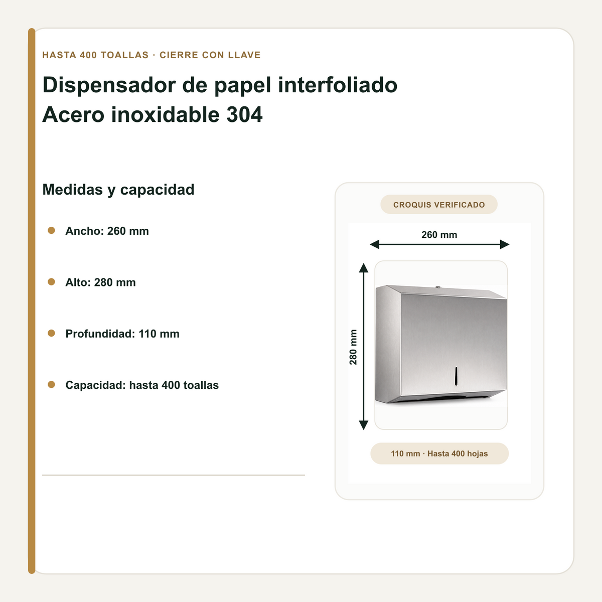 Ancho, alto, profundidad y capacidad del dispensador