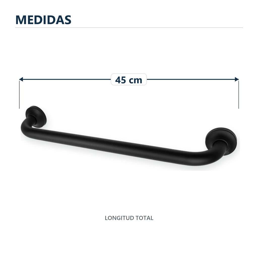 Barra de seguridad antideslizante negra de 45 cm con sus medidas verificadas sobre el producto