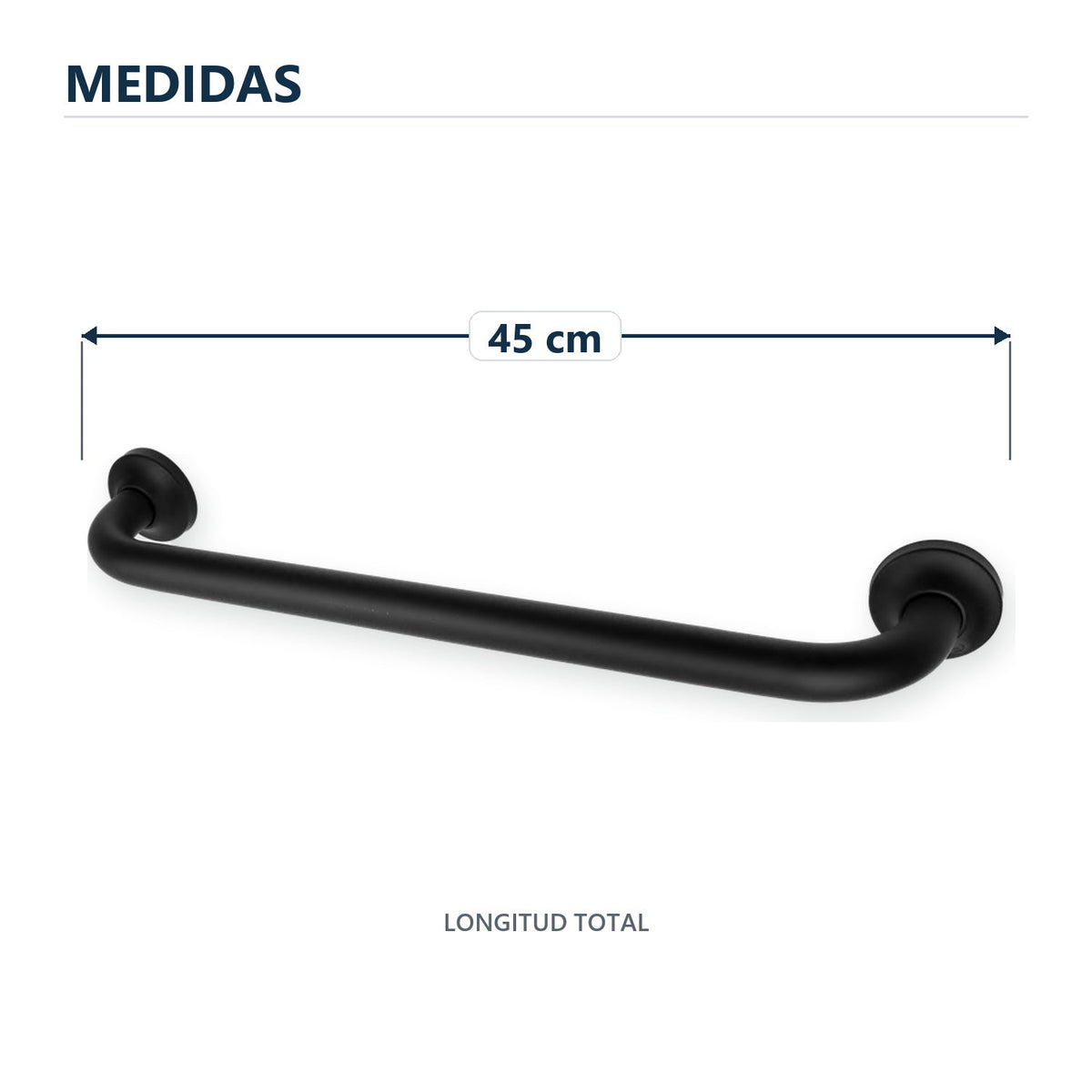 Barra de seguridad antideslizante negra de 45 cm con sus medidas verificadas sobre el producto