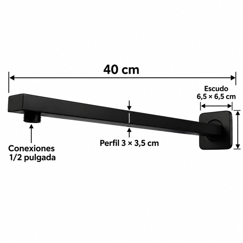 Medidas del tubo cuadrado negro para regadera de 40 cm