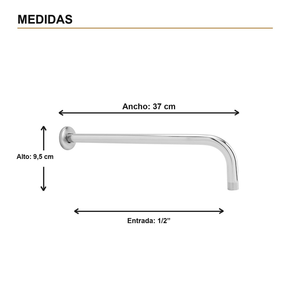 Medidas verificadas — Tubo para Regadera de Pared de 37 cm en Acero Inoxidable Cromado
