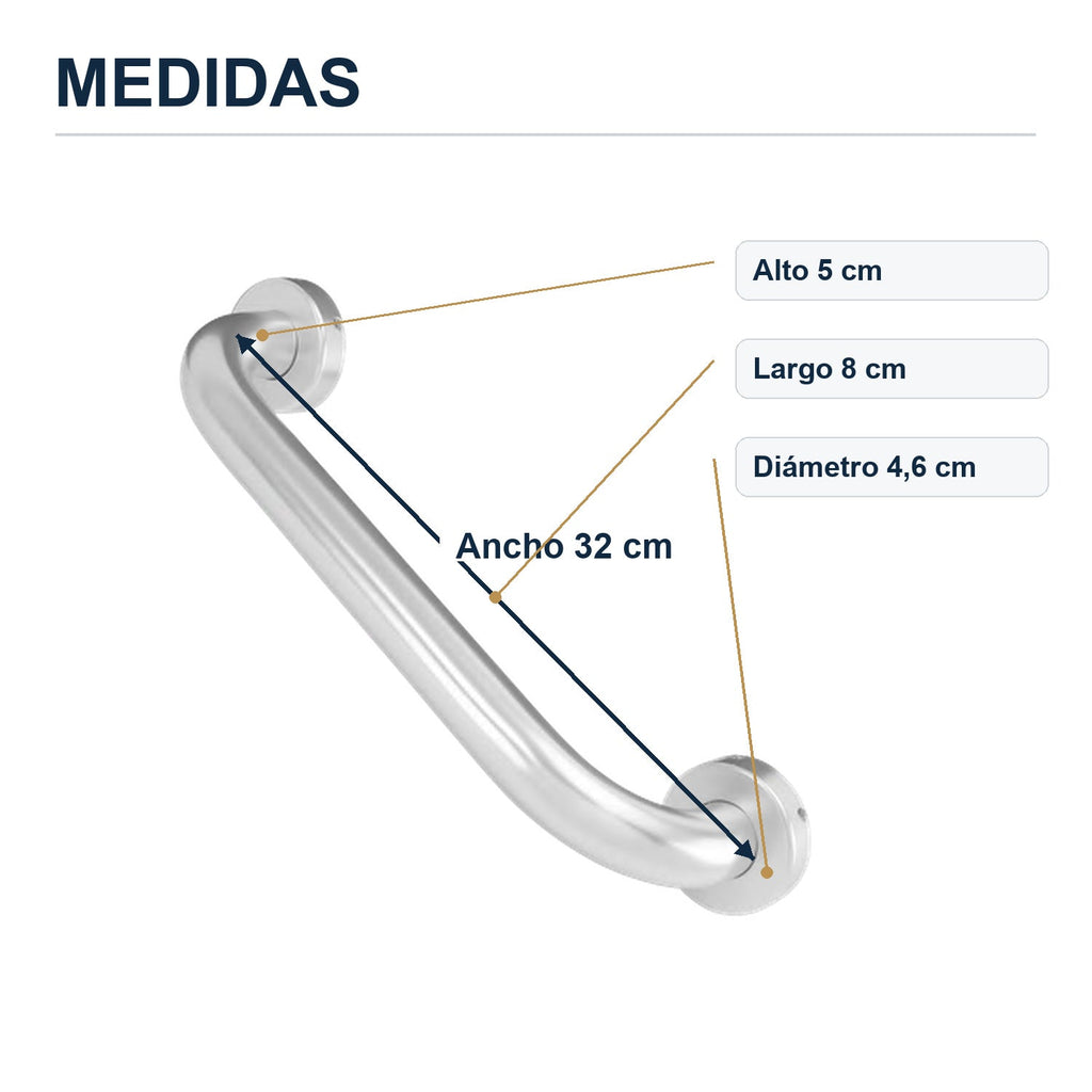 Barra de seguridad de aluminio cromado de 30 cm con sus medidas verificadas sobre el producto