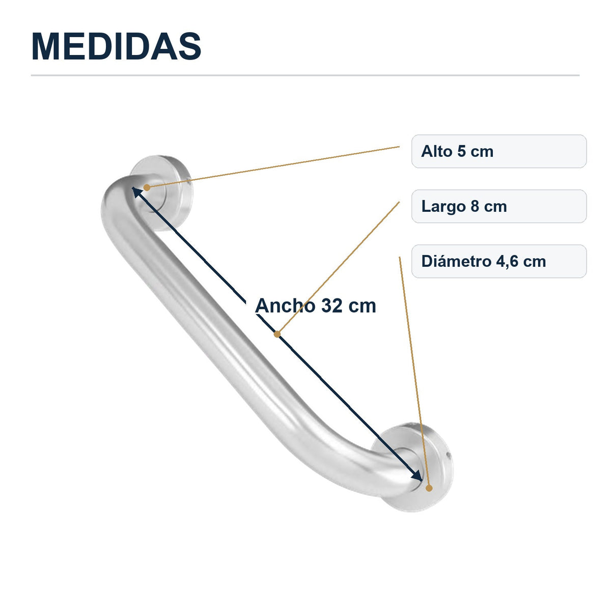 Barra de seguridad de aluminio cromado de 30 cm con sus medidas verificadas sobre el producto