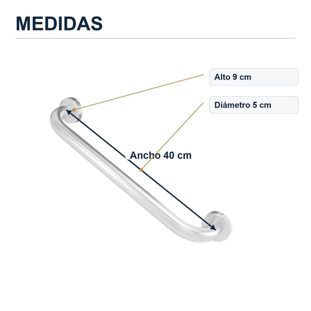 Barra de seguridad de aluminio cromado de 40 cm con sus medidas verificadas sobre el producto