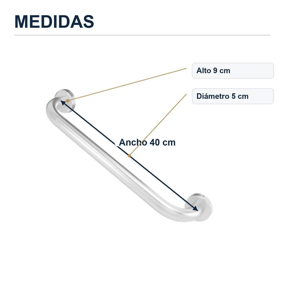 Barra de seguridad de aluminio cromado de 40 cm con sus medidas verificadas sobre el producto