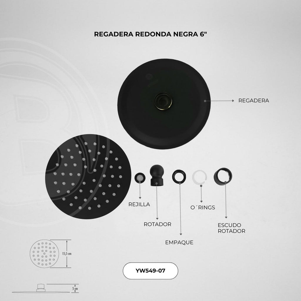 Regadera redonda de 6 pulgadas en acero inoxidable negra vista original 3