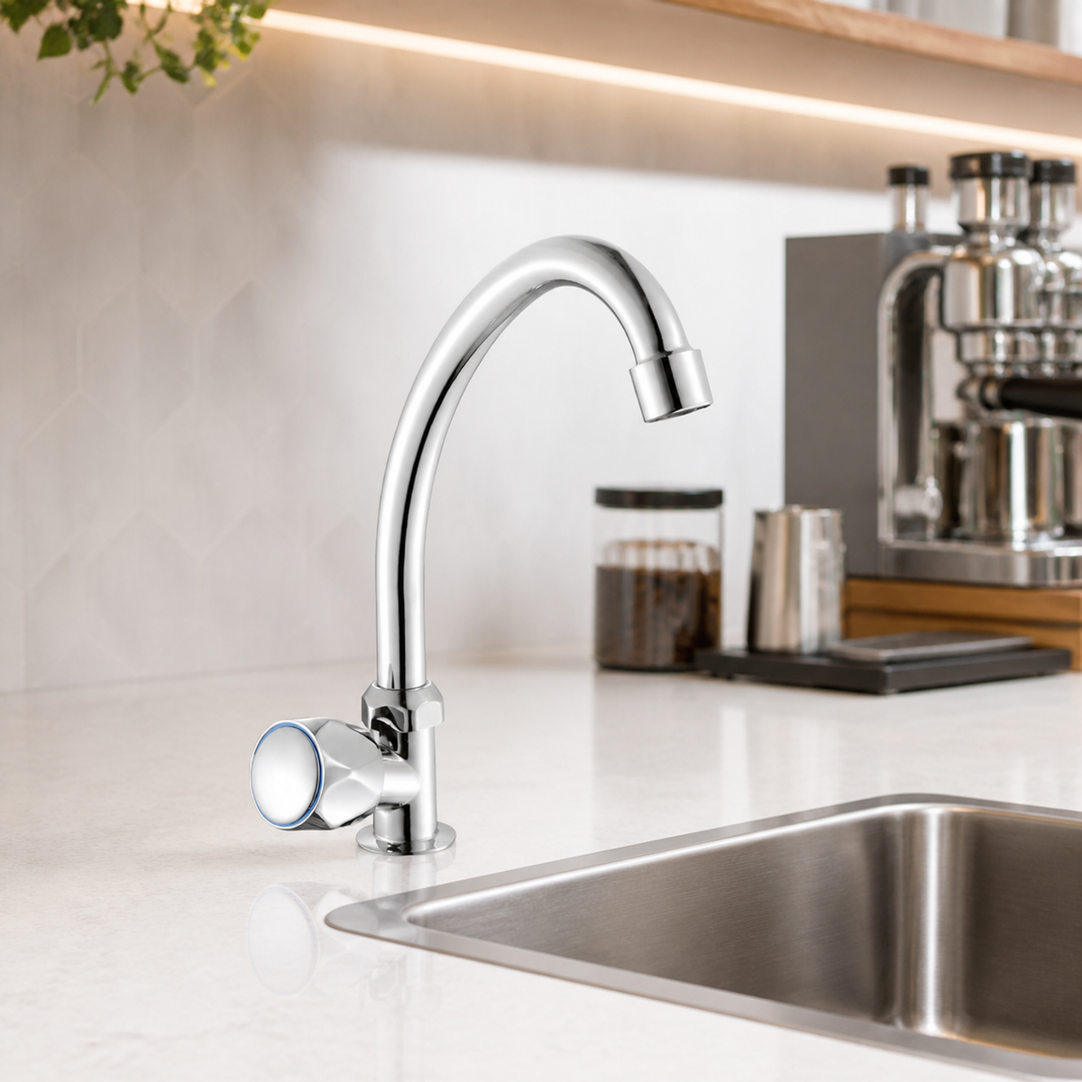 Grifería Lavacopas Plus cromada instalada en un ambiente de cocina