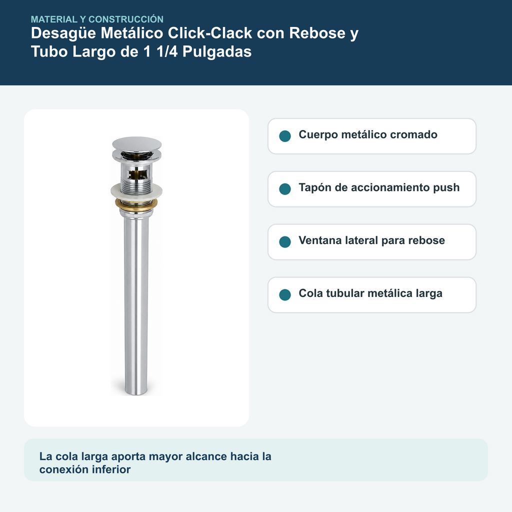 Materiales y construcción verificados del desagüe metálico click-clack con rebose y tubo largo de 1 1/4 pulgadas
