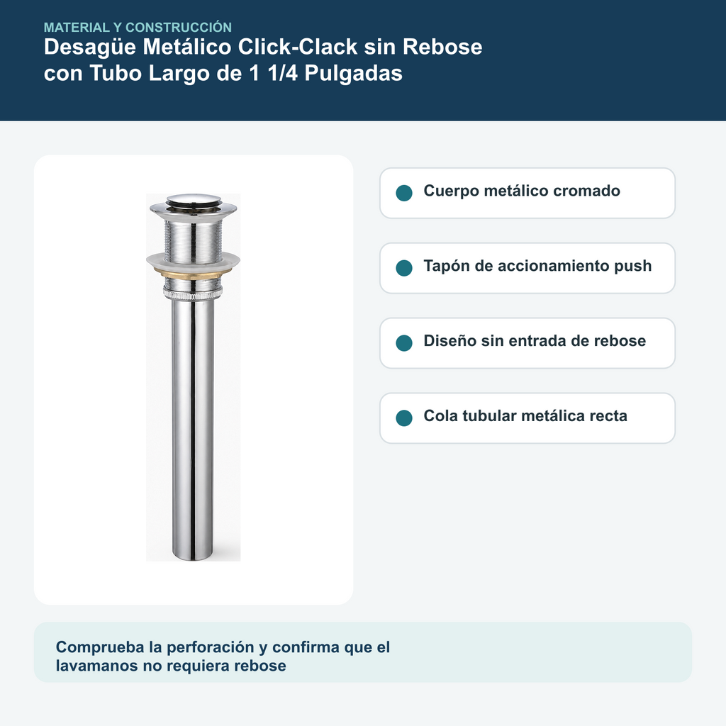 Materiales y construcción verificados del desagüe metálico click-clack sin rebose largo de 1 1/4 pulgadas
