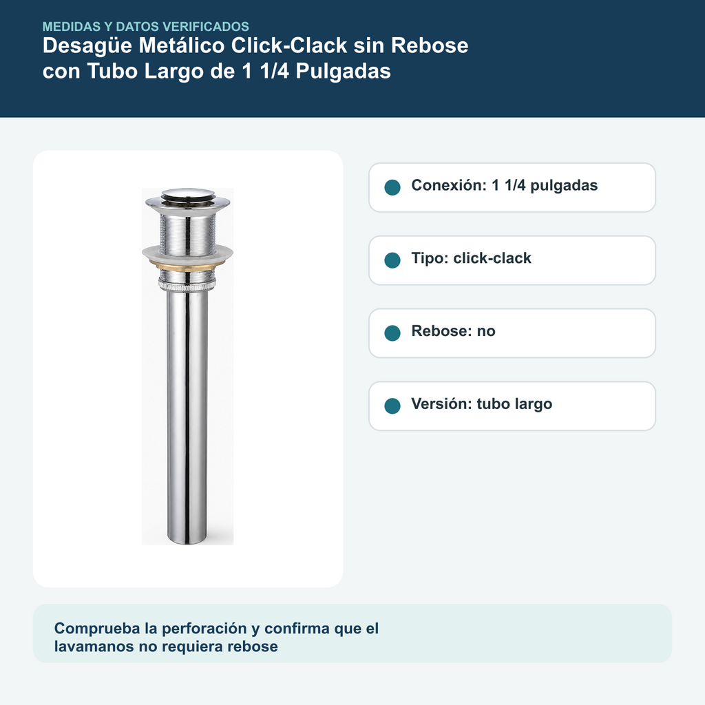 Medidas y datos verificados del desagüe metálico click-clack sin rebose largo de 1 1/4 pulgadas