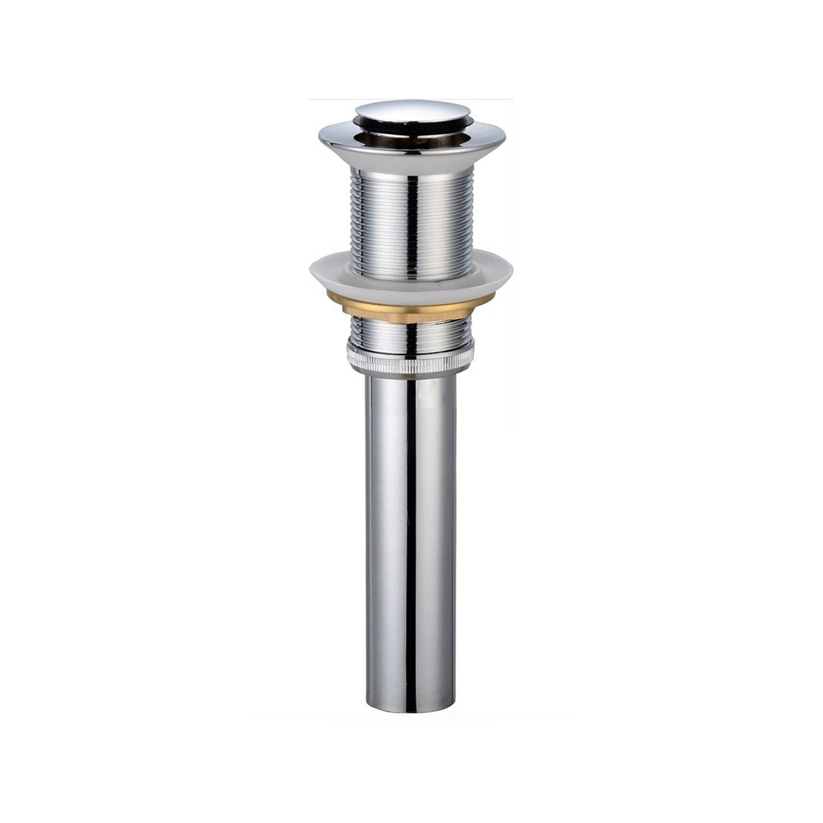 Desagüe Metálico Click-Clack sin Rebose de 1 1/4 Pulgadas con Tubo de 15 cm completo sobre fondo blanco profesional
