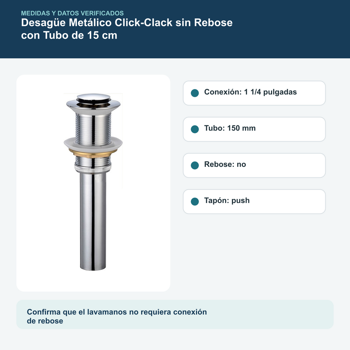 Medidas y datos verificados del desagüe metálico click-clack sin rebose de 1 1/4 pulgadas con tubo de 15 cm