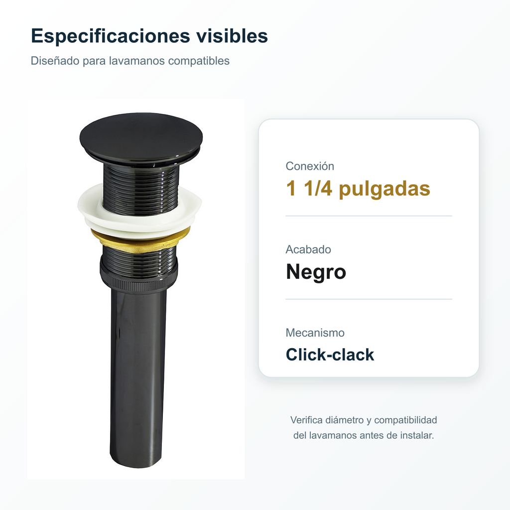 Especificaciones del desagüe click-clack negro para lavamanos