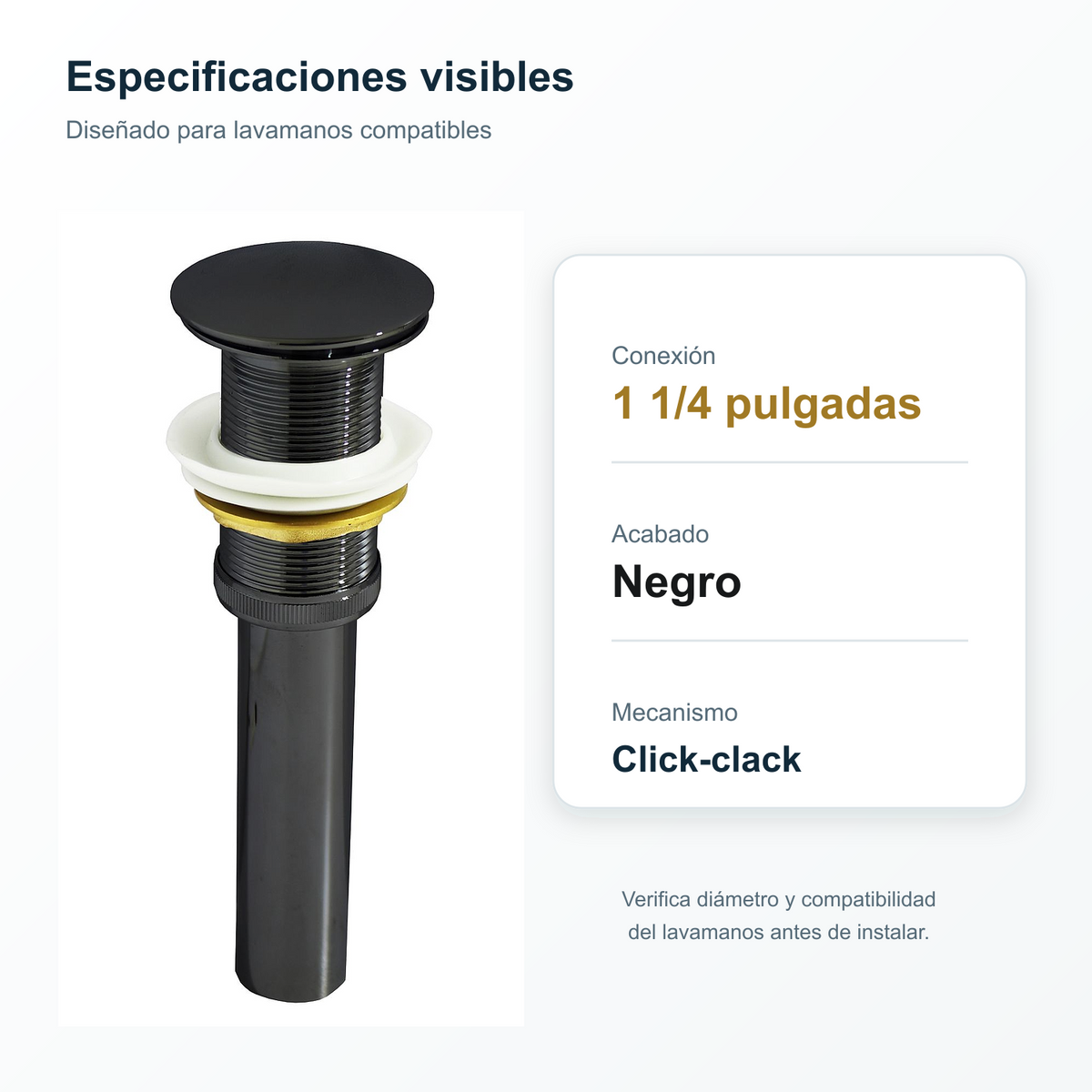 Especificaciones del desagüe click-clack negro para lavamanos