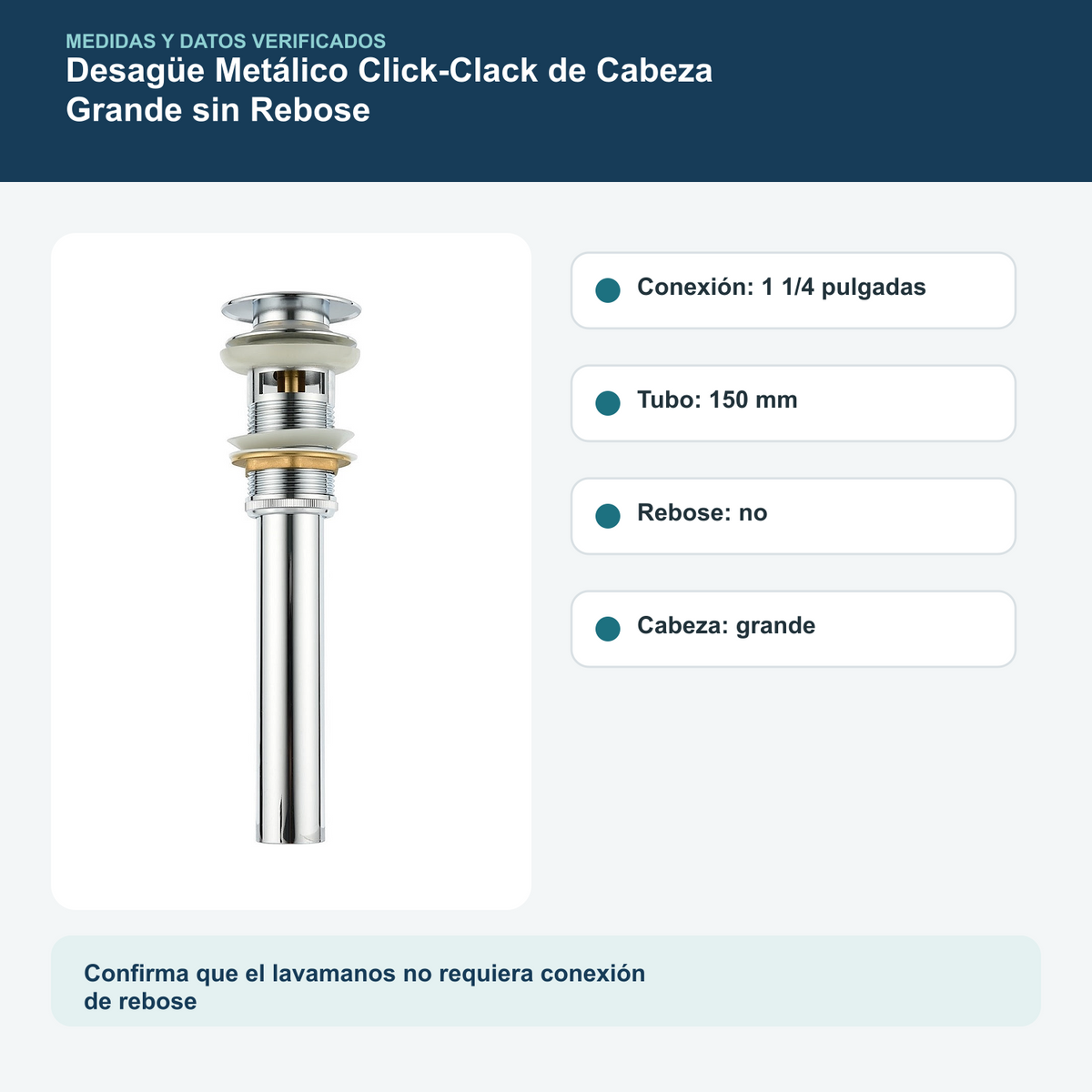 Medidas y datos verificados del desagüe metálico click-clack de cabeza grande sin rebose de 1 1/4 pulgadas