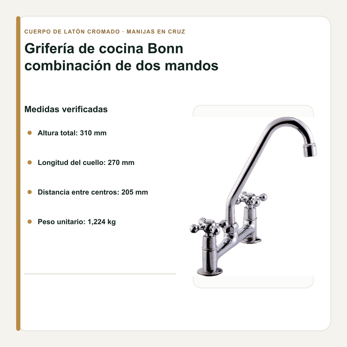 Altura, cuello y distancia entre centros de la grifería de cocina