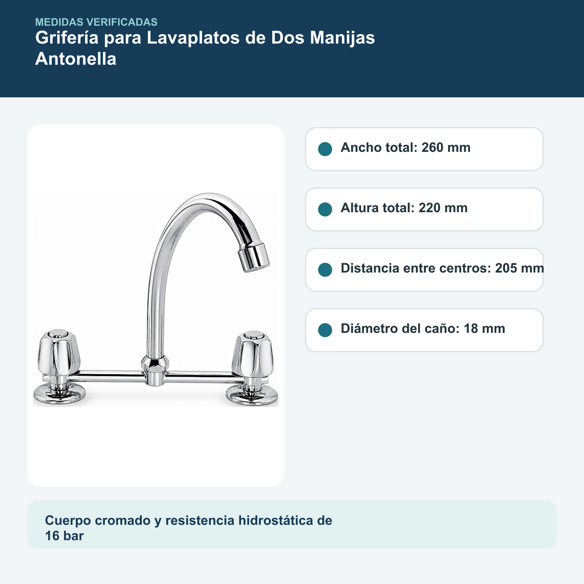 Medidas y datos verificados del grifería para lavaplatos de dos manijas antonella