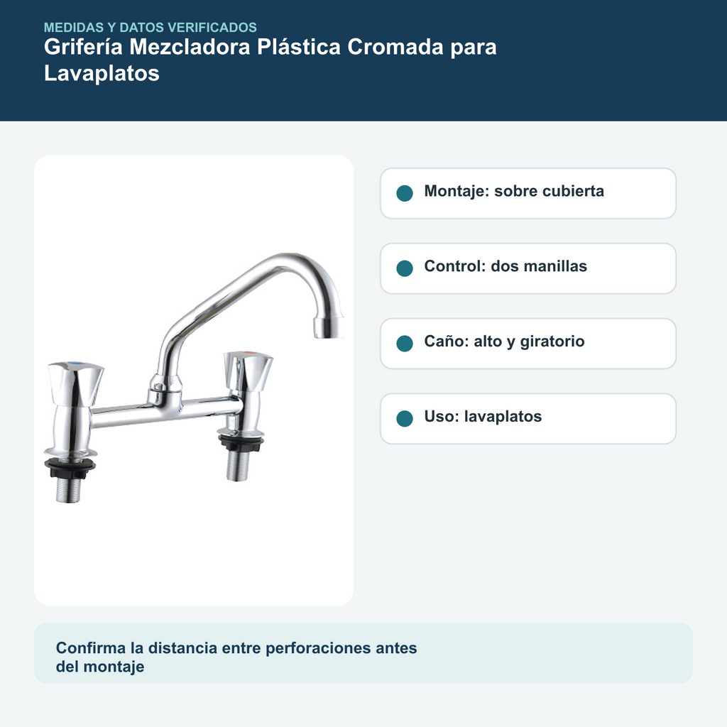 Medidas y datos verificados del grifería mezcladora plástica cromada para lavaplatos