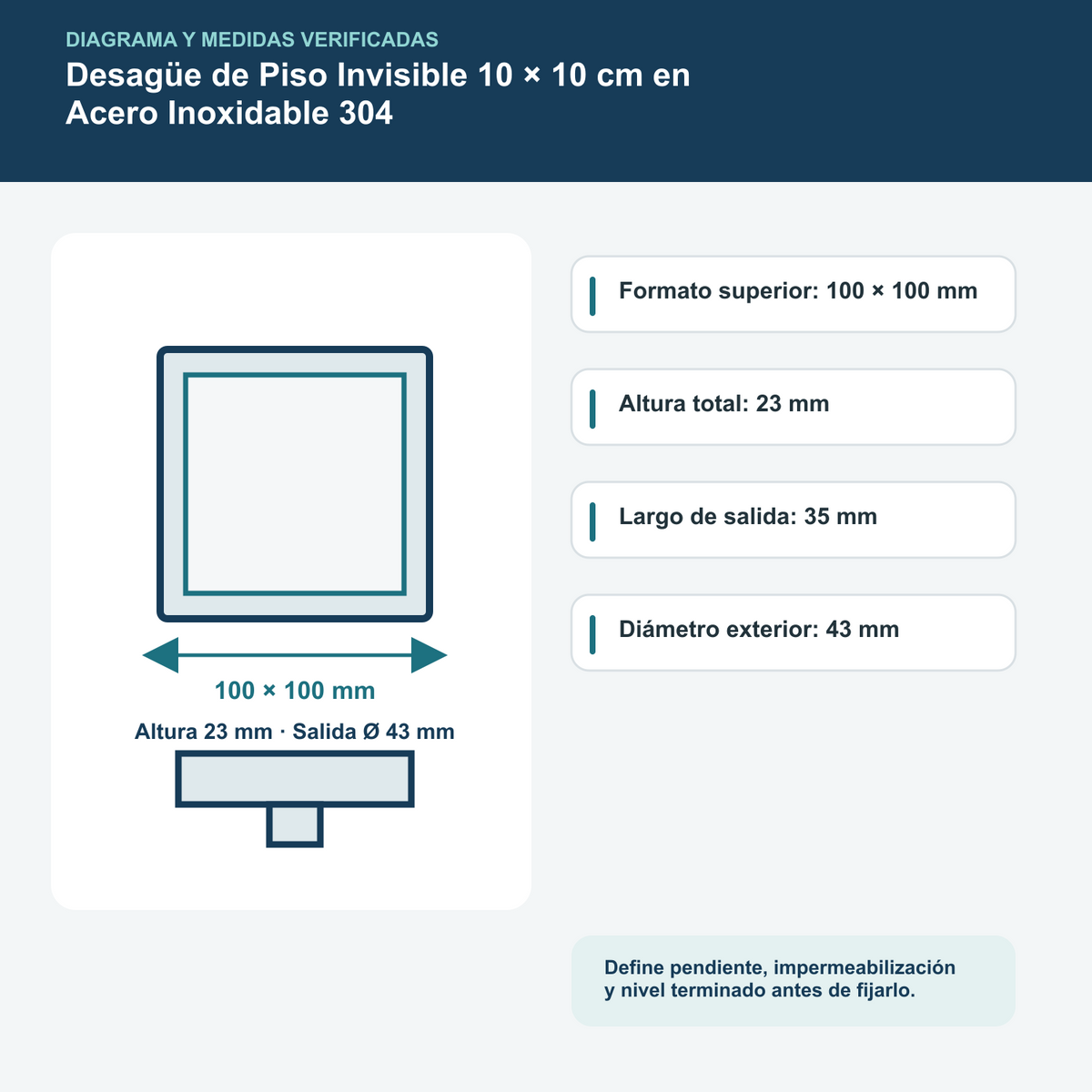 Desagüe de Piso Invisible 10 × 10 cm en Acero Inoxidable 304: diagrama o datos técnicos verificados
