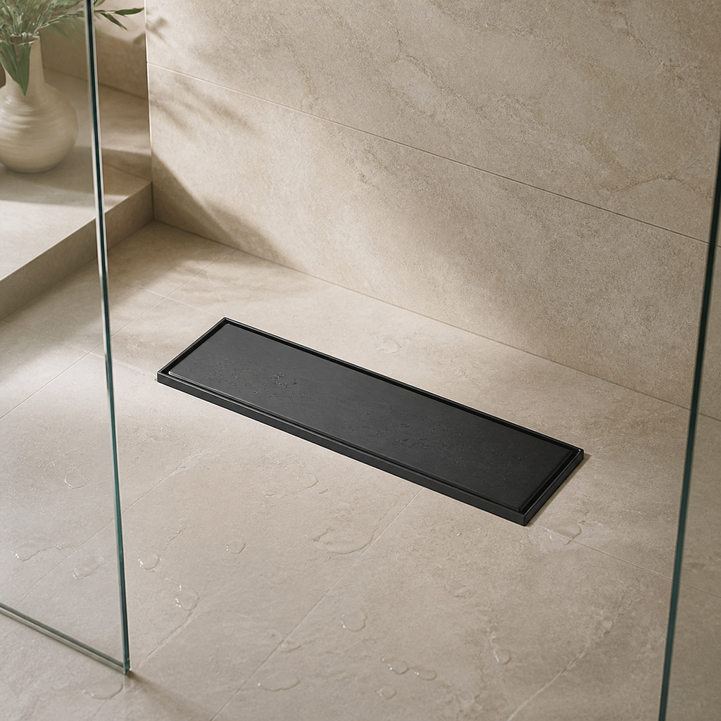 Desagüe Lineal Invisible Negro de 30 × 10 cm instalado en un ambiente moderno y bien iluminado
