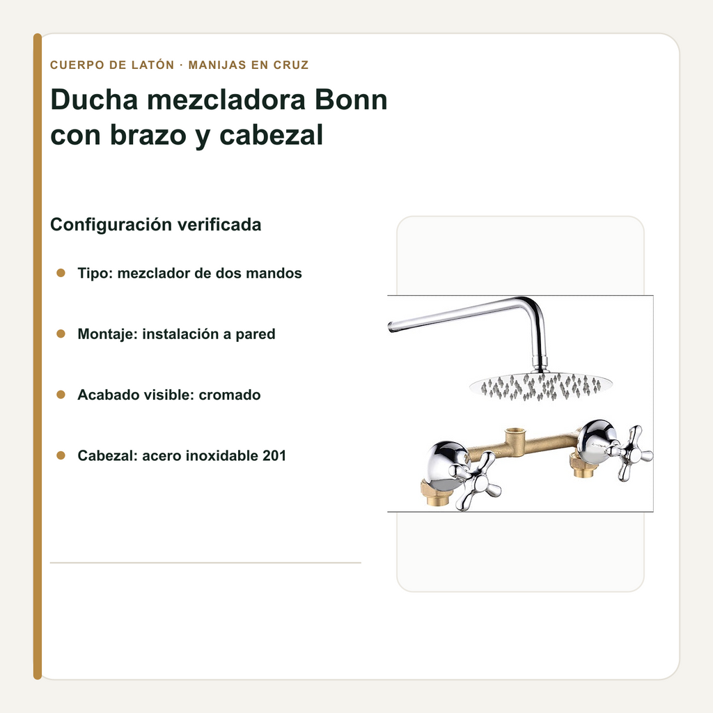 Medidas del mezclador, brazo y regadera de la ducha Bonn cromada