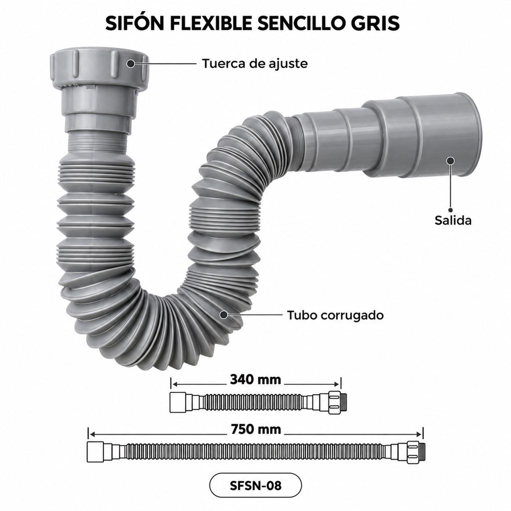 Sifón flexible sencillo gris SFSN-08: tuerca de ajuste, tubo corrugado, salida y longitudes de 340 mm y 750 mm