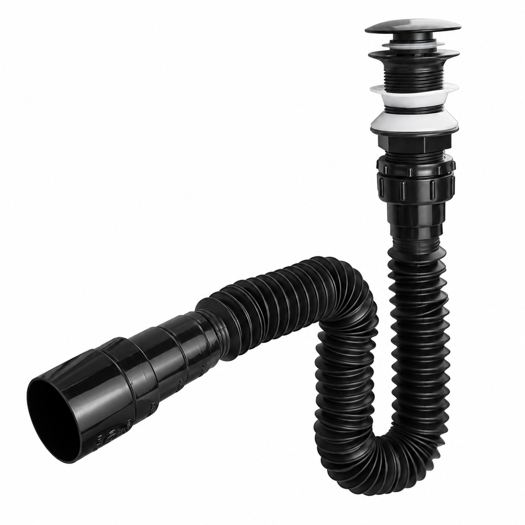 Sifón flexible negro con push SCLV-07 en forma de U visto en ángulo