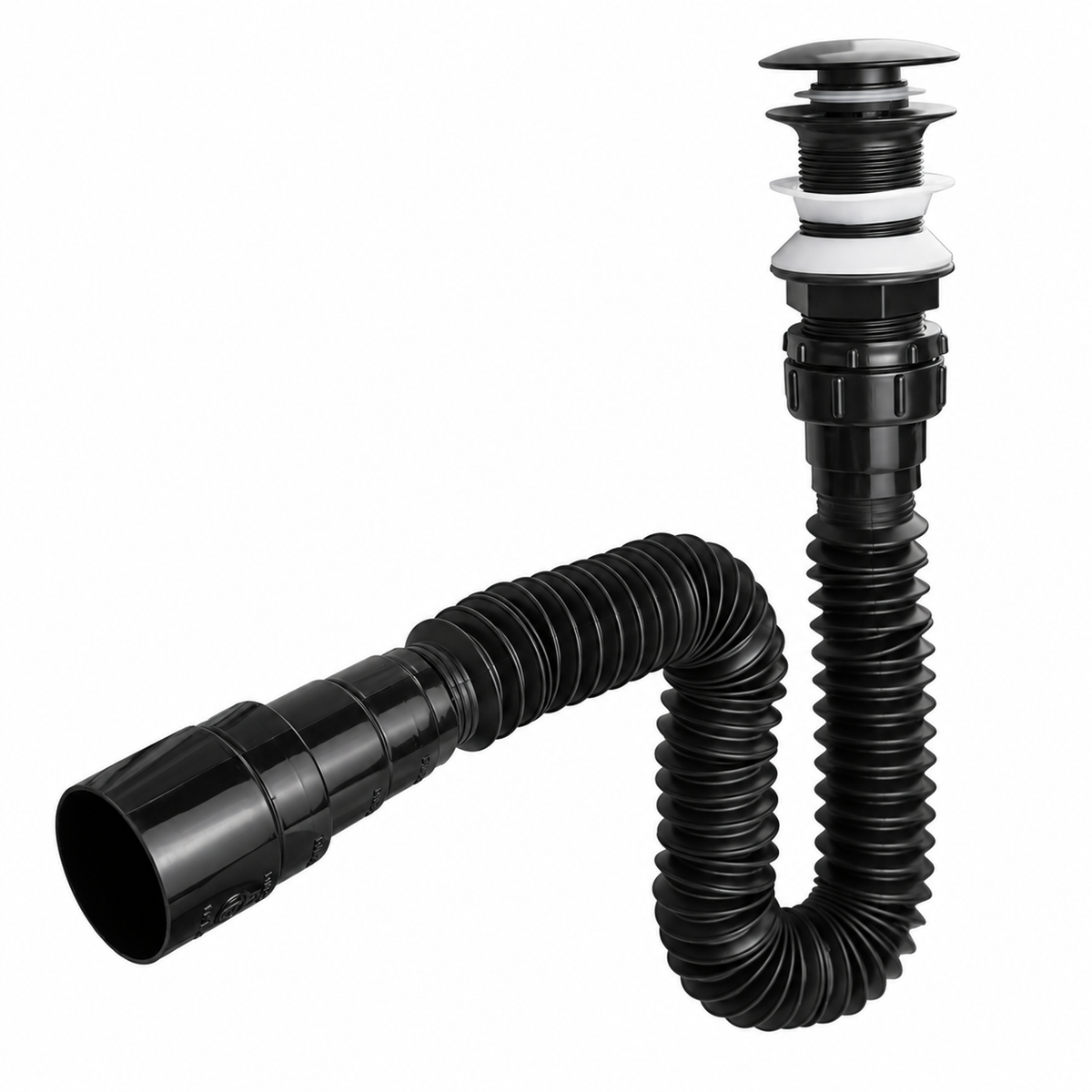 Sifón flexible negro con push SCLV-07 en forma de U visto en ángulo