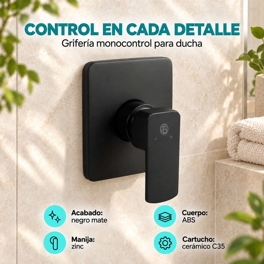 Grifería monocontrol YW404-07: acabado negro mate, cuerpo ABS, manija zinc y cartucho cerámico C35