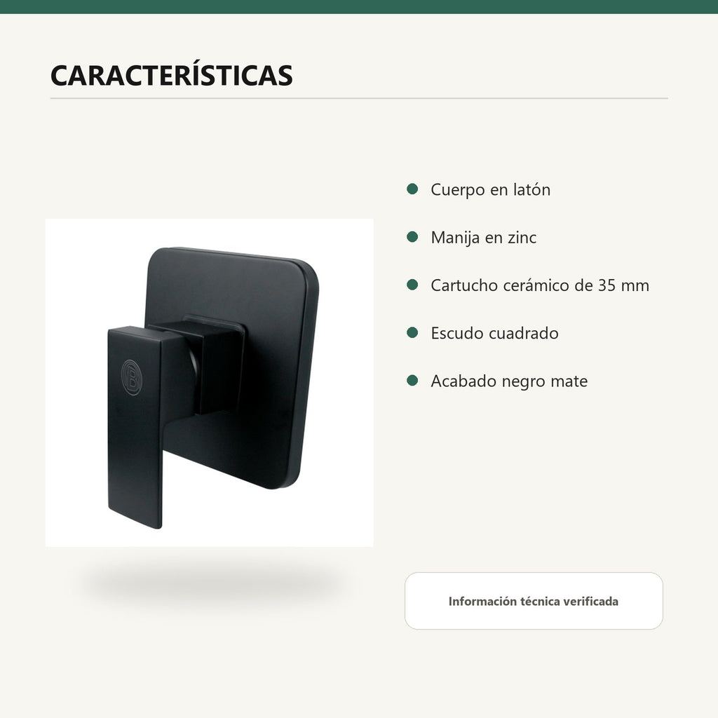Registro monocontrol negro en latón con escudo cuadrado características verificadas