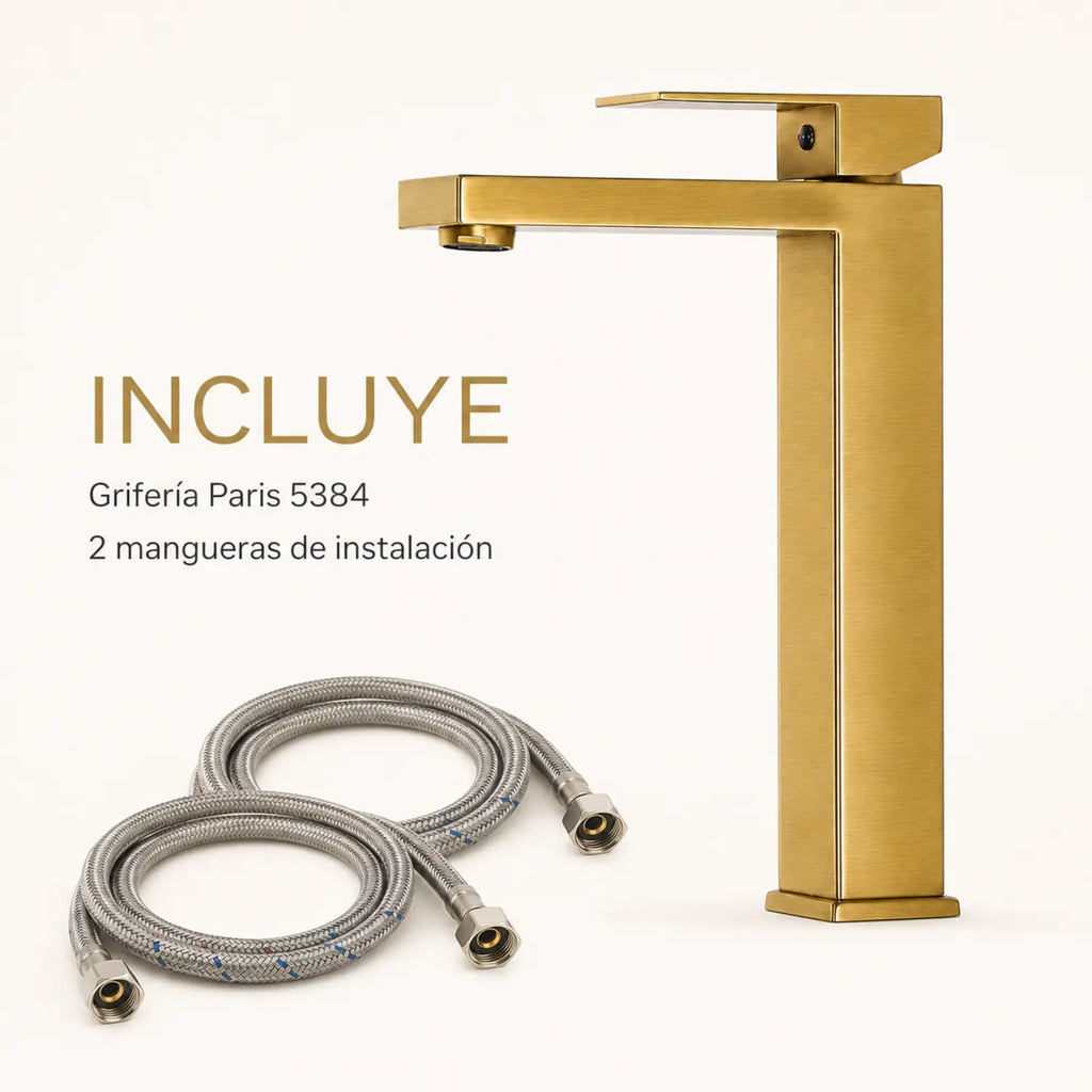 Grifería alta Paris oro cepillado con dos mangueras flexibles de instalación incluidas