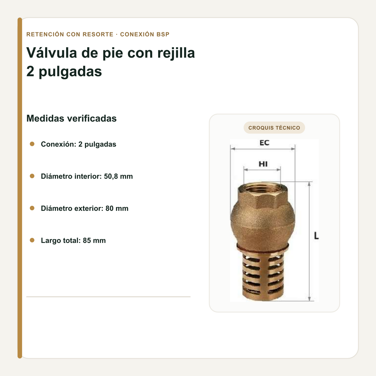 Medidas verificadas de la válvula de pie de 2 pulgadas