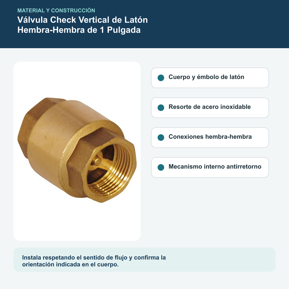 Materiales y construcción verificados del válvula check vertical de latón hembra-hembra de 1 pulgada