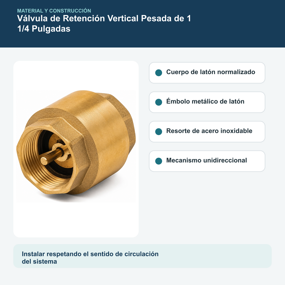 Materiales y construcción verificados del válvula de retención vertical pesada de 1 1/4 pulgadas