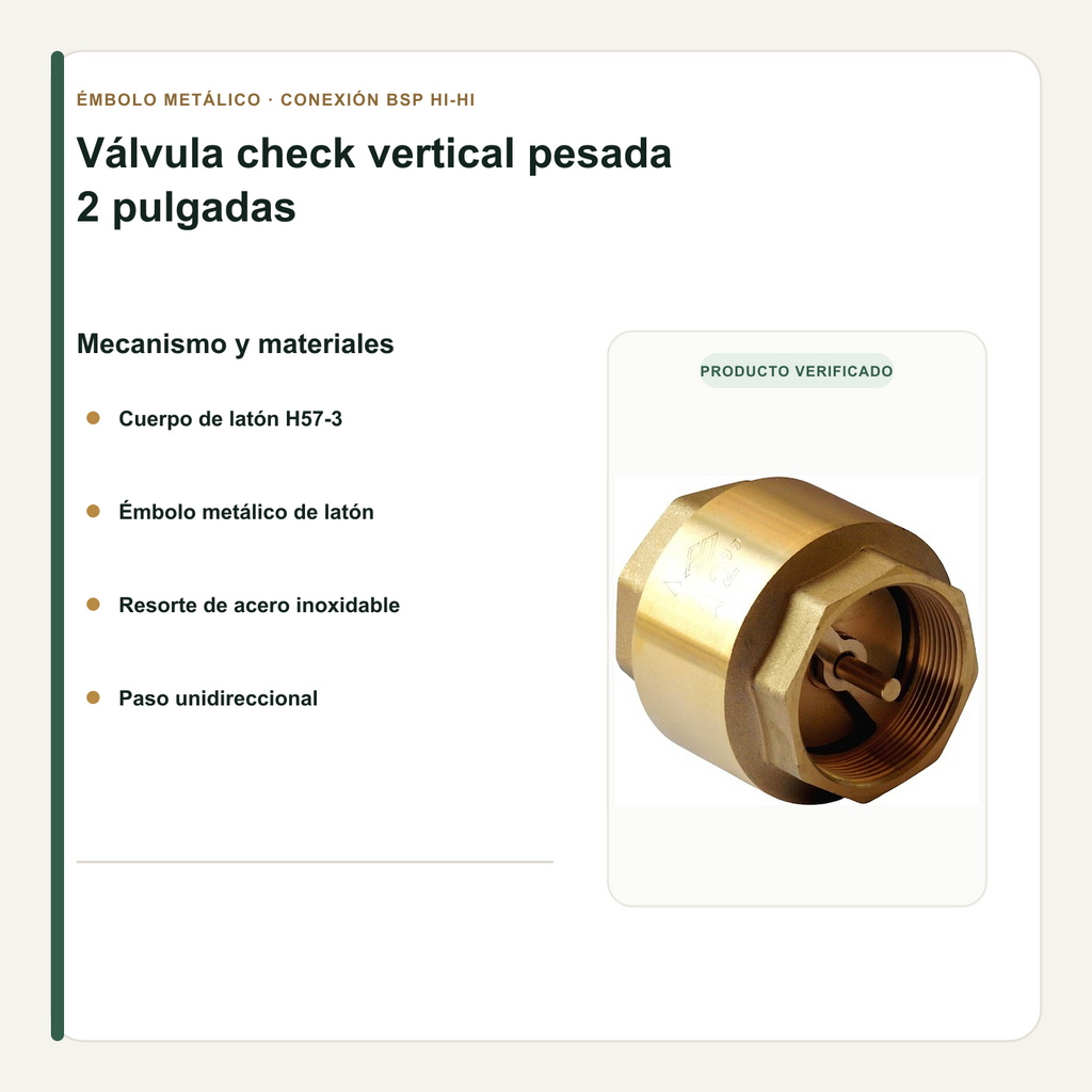 Émbolo, resorte y materiales de la válvula check vertical