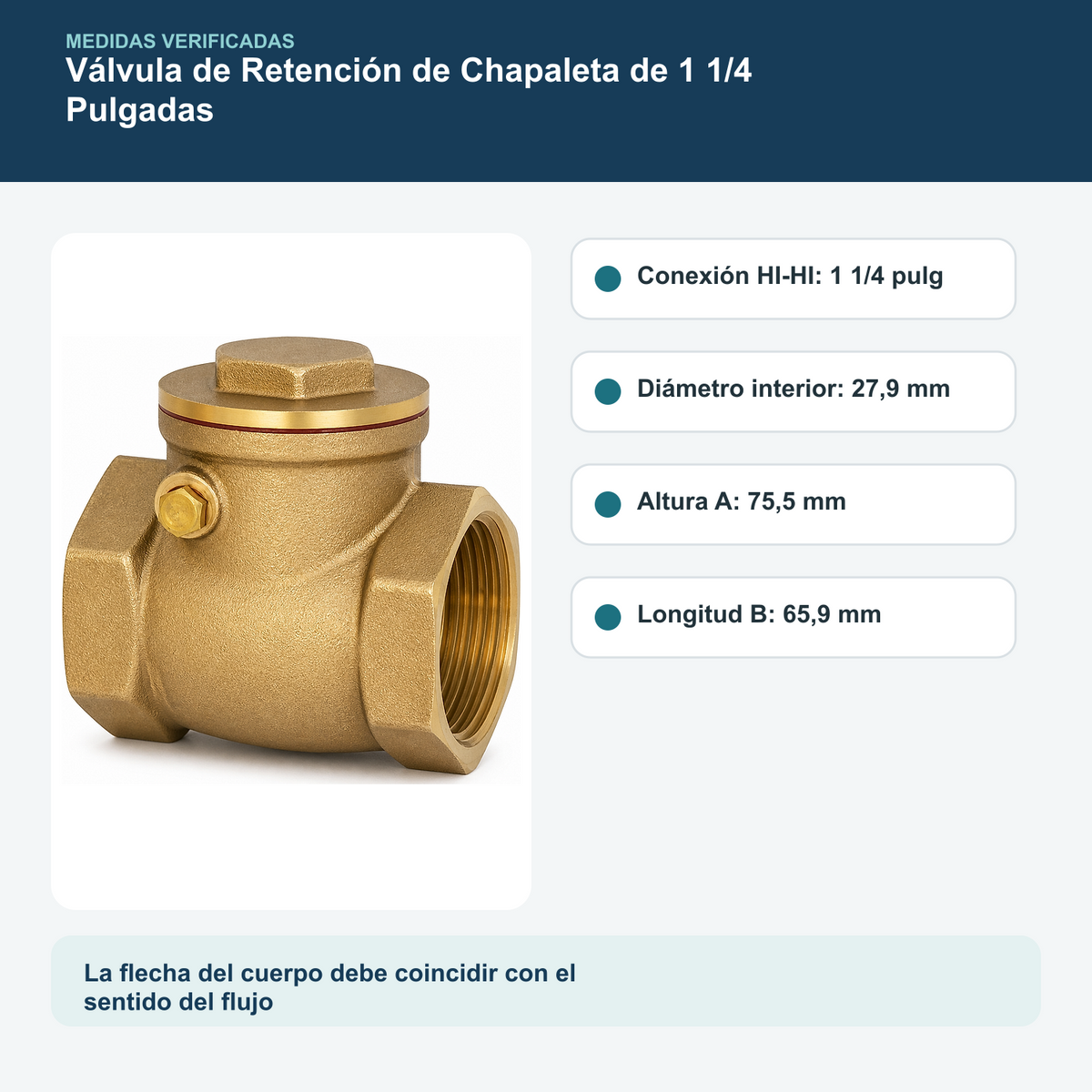 Medidas y datos verificados del válvula de retención de chapaleta de 1 1/4 pulgadas