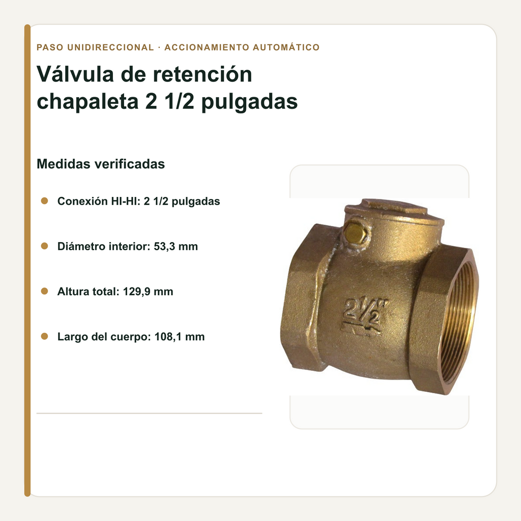 Medidas de la válvula check de chapaleta de 2 1/2 pulgadas
