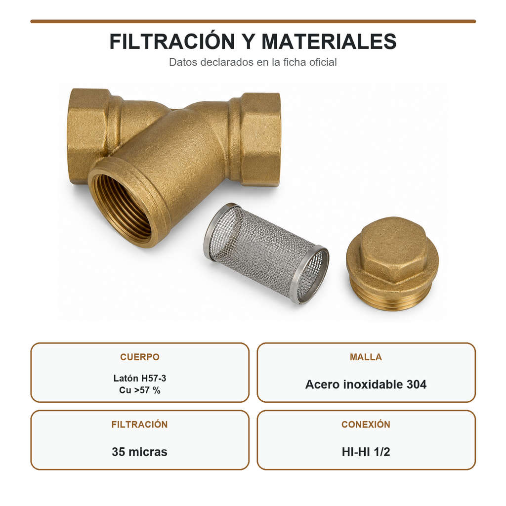 Válvula filtro tipo Y con cuerpo de latón y malla inoxidable 304 de 35 micras