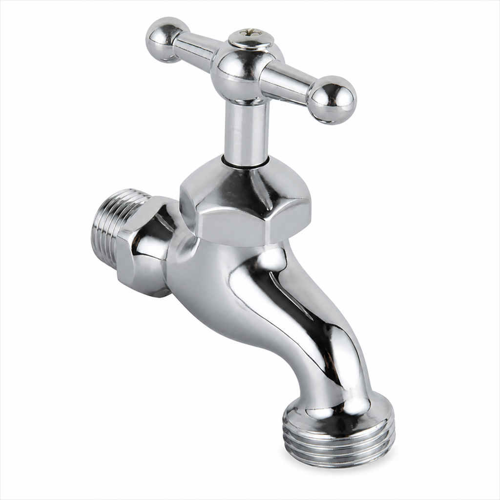 Llave de jardín cromada con conexiones macho 1/2 x 3/4 sobre fondo blanco