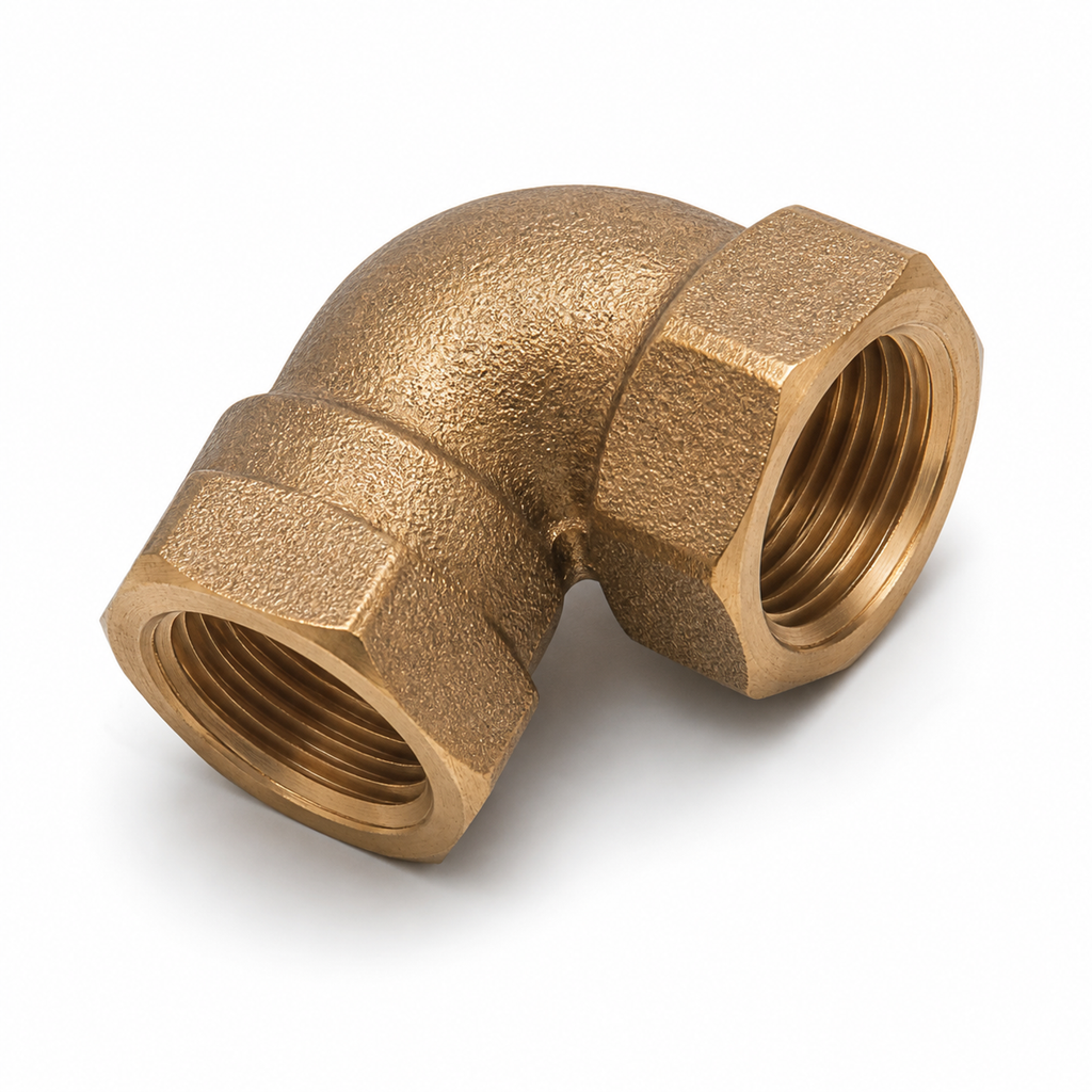 Un codo de bronce hembra-hembra de 1/2 pulgada sobre fondo blanco