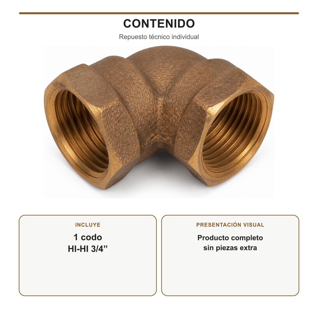 Contenido incluido con un codo de bronce hembra-hembra de 3/4 de pulgada